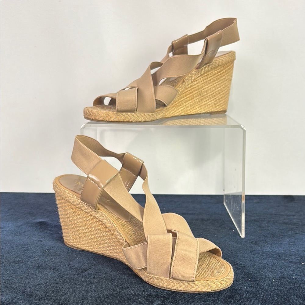 Andre Assous Tan Stretch Strap Wedges